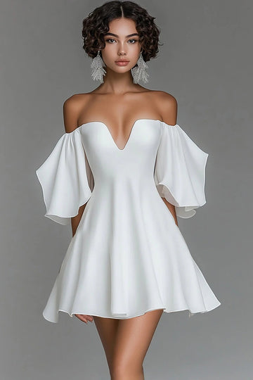 White Chiffon A Line Off the Shoulder Short Graduation Dress